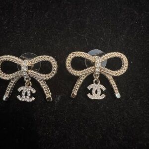 CHANEL Gold Bow Earrings with Silver Accents